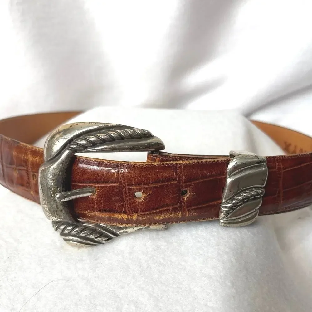 Onyx Brown Leather Western Belt Size 32 Silver Tone Engraved Buckle Vintage